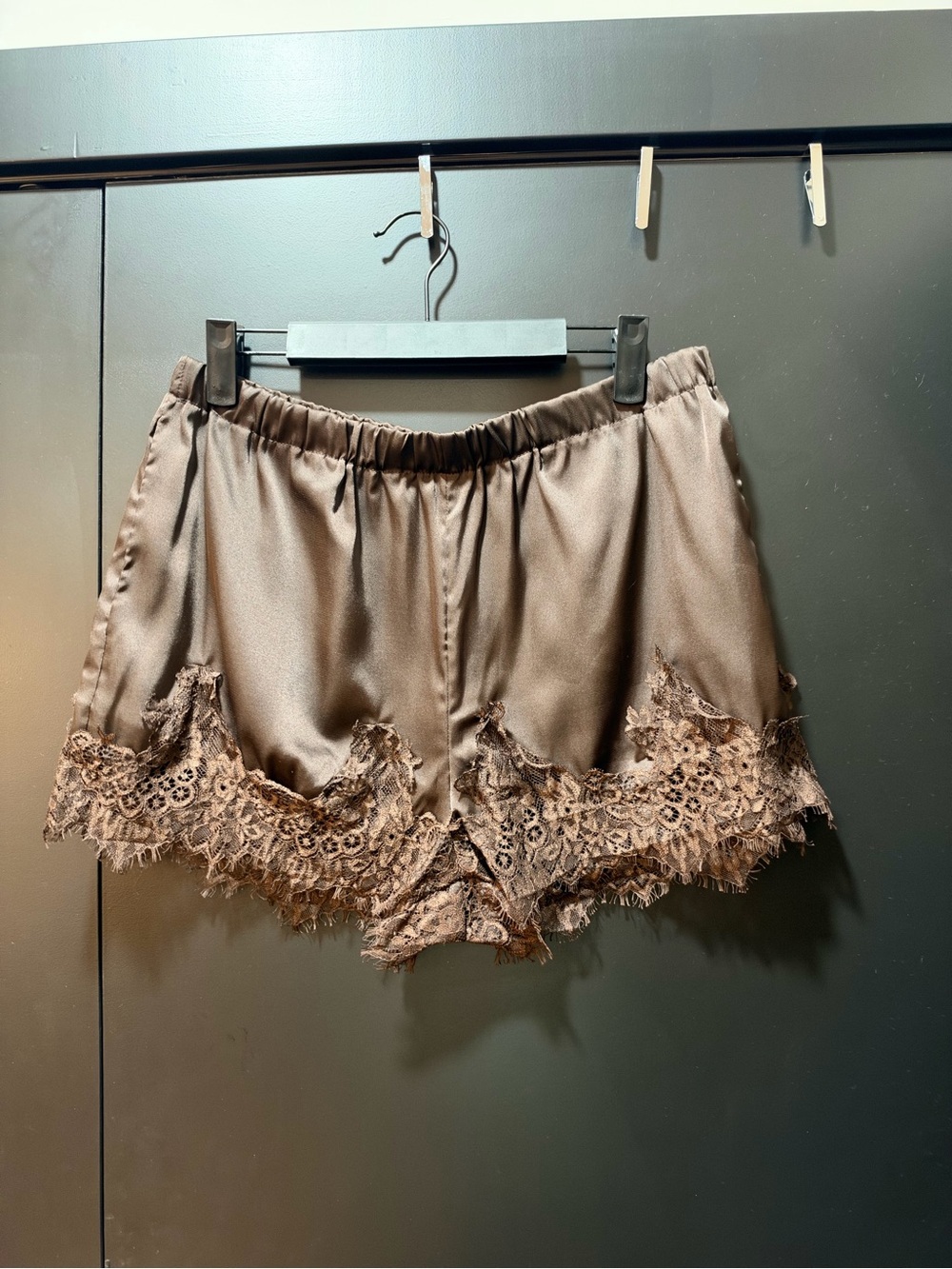 Zara Satin Lace-Trim Shorts in Brown